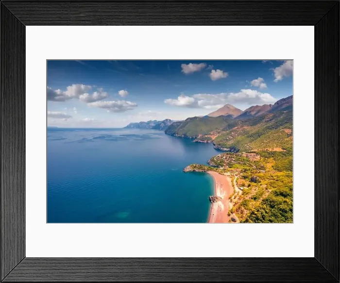 Framed Print : Amazing view from flying drone of Limnionas beach with endless horizon Framed Print : Amazing view from flying drone of Limnionas beach with endless horizon
