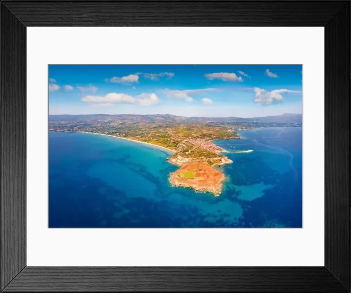 Framed Print : Bright view from flying drone of Koroni town Framed Print : Bright view from flying drone of Koroni town