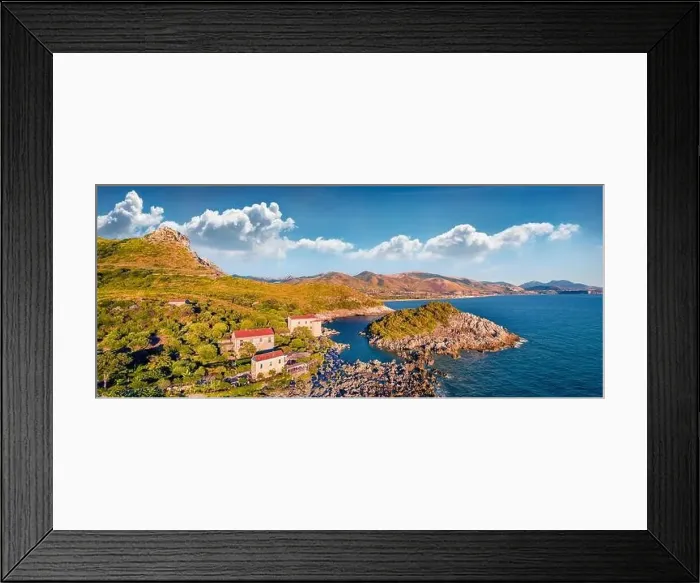 Framed Print : Panoramic evening view from flying drone of scenic spot - La Secca Framed Print : Panoramic evening view from flying drone of scenic spot - La Secca