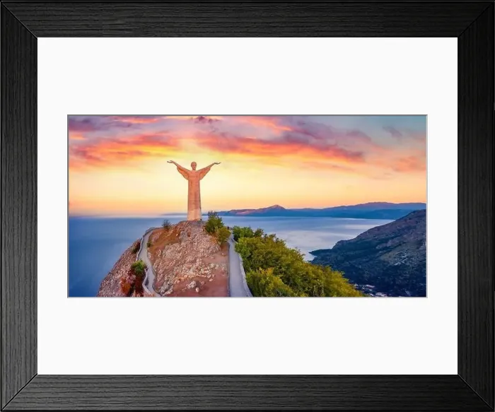 Framed Print : MARATEA, ITALY - AUGUST 31, 2021: Majestic summer view of Statue of Christ the Redeemer Framed Print : MARATEA, ITALY - AUGUST 31, 2021: Majestic summer view of Statue of Christ the Redeemer