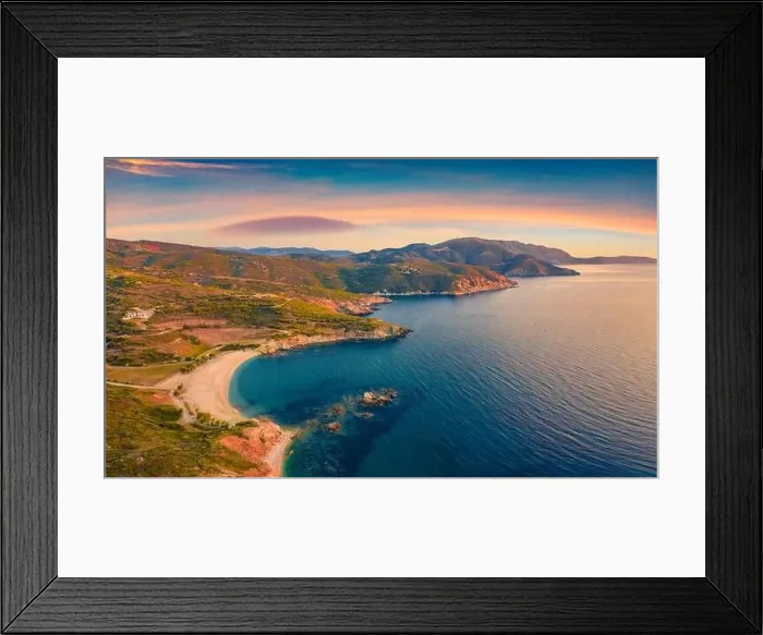 Framed Print : Beautiful summer scenery. Colorfuul view from flying drone of Cheromylos beach Framed Print : Beautiful summer scenery. Colorfuul view from flying drone of Cheromylos beach