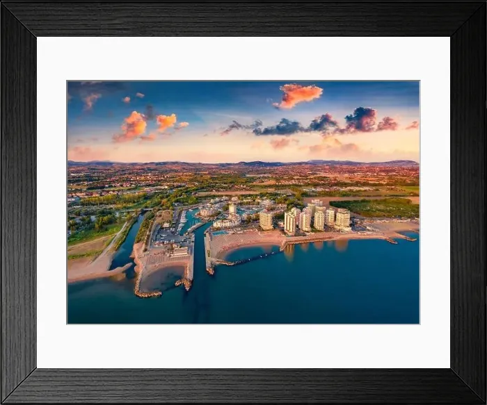 Framed Print : Colorful summer view from flying drone of large sea life center - Aquarium of Cattolica Framed Print : Colorful summer view from flying drone of large sea life center - Aquarium of Cattolica