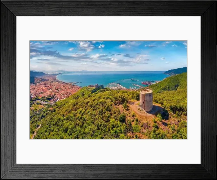 Framed Print : View from flying drone of Bastiglia tower and Arechi Castle Framed Print : View from flying drone of Bastiglia tower and Arechi Castle