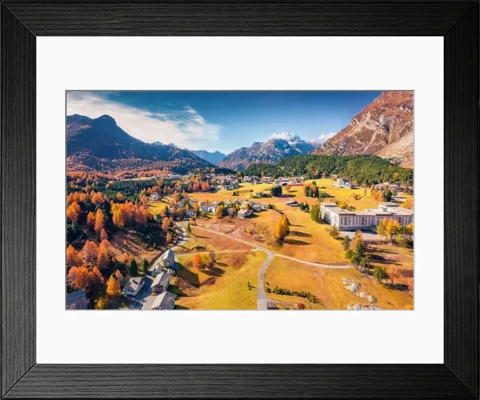 Framed Print : Superb autumn view from flying drone of Maloja village