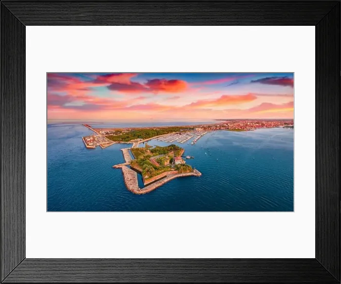 Framed Print : Great sunset on Adriatic sea. Stunning summer view from flying drone of San Felice fortress Framed Print : Great sunset on Adriatic sea. Stunning summer view from flying drone of San Felice fortress