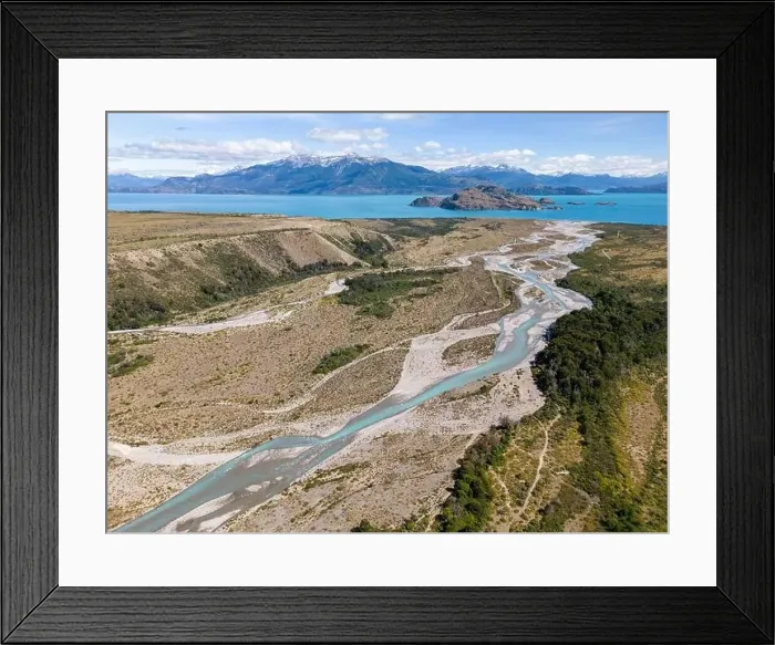 Framed Print : Aerial View of a creek flowing to the beautiful Lago General Carrera in southern Chile - Traveling the Carretera Framed Print : Aerial View of a creek flowing to the beautiful Lago General Carrera in southern Chile - Traveling the Carretera
