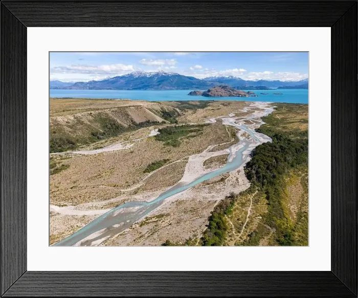 Framed Print : Aerial View of a creek flowing to the beautiful Lago General Carrera in southern Chile - Traveling the Carretera Framed Print : Aerial View of a creek flowing to the beautiful Lago General Carrera in southern Chile - Traveling the Carretera