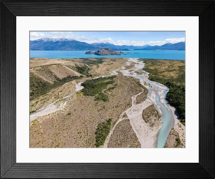 Framed Print : Aerial View of a creek flowing to the beautiful Lago General Carrera in southern Chile - Traveling the Carretera Framed Print : Aerial View of a creek flowing to the beautiful Lago General Carrera in southern Chile - Traveling the Carretera