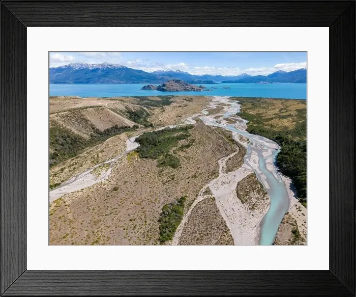 Framed Print : Aerial View of a creek flowing to the beautiful Lago General Carrera in southern Chile - Traveling the Carretera Framed Print : Aerial View of a creek flowing to the beautiful Lago General Carrera in southern Chile - Traveling the Carretera