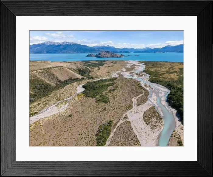 Framed Print : Aerial View of a creek flowing to the beautiful Lago General Carrera in southern Chile - Traveling the Carretera Framed Print : Aerial View of a creek flowing to the beautiful Lago General Carrera in southern Chile - Traveling the Carretera