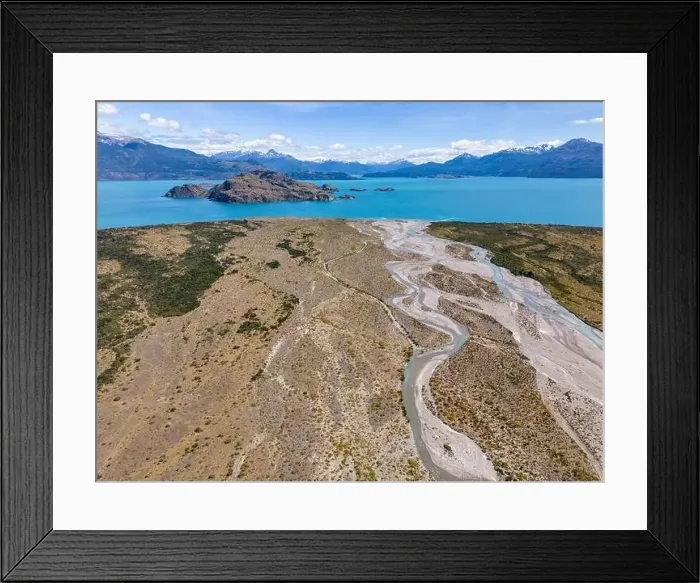 Framed Print : Aerial View of a creek flowing to the beautiful Lago General Carrera in southern Chile - Traveling the Carretera Framed Print : Aerial View of a creek flowing to the beautiful Lago General Carrera in southern Chile - Traveling the Carretera