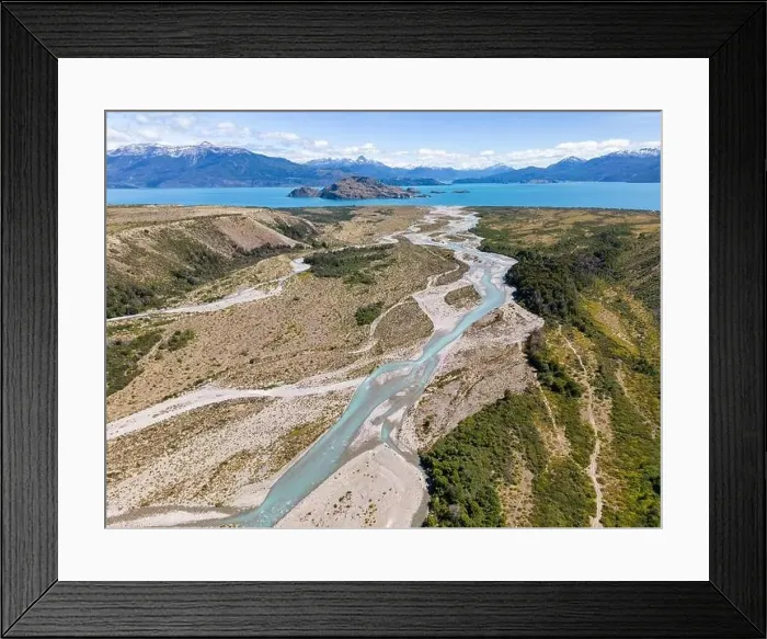 Framed Print : Aerial View of a creek flowing to the beautiful Lago General Carrera in southern Chile - Traveling the Carretera Framed Print : Aerial View of a creek flowing to the beautiful Lago General Carrera in southern Chile - Traveling the Carretera