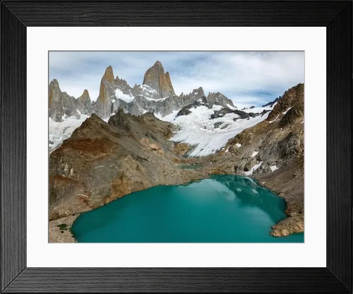 Framed Print : Aerial view of the stunning Laguna de los Tres with its turquoise waters surrounded by Mount Fitz Roy Framed Print : Aerial view of the stunning Laguna de los Tres with its turquoise waters surrounded by Mount Fitz Roy