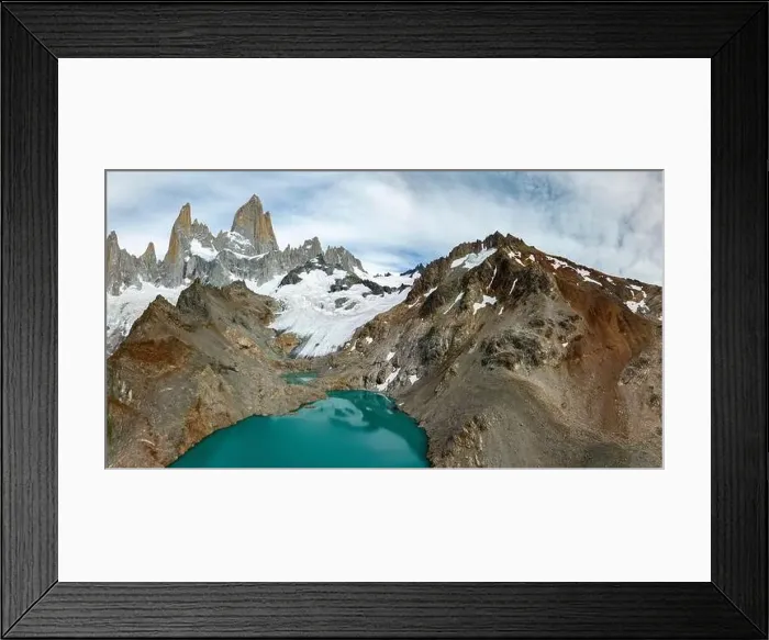 Framed Print : Aerial view of the stunning Laguna de los Tres with its turquoise waters surrounded by Mount Fitz Roy Framed Print : Aerial view of the stunning Laguna de los Tres with its turquoise waters surrounded by Mount Fitz Roy
