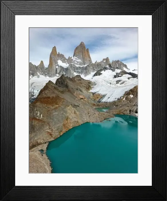 Framed Print : Aerial view of the stunning Laguna de los Tres with its turquoise waters surrounded by Mount Fitz Roy Framed Print : Aerial view of the stunning Laguna de los Tres with its turquoise waters surrounded by Mount Fitz Roy