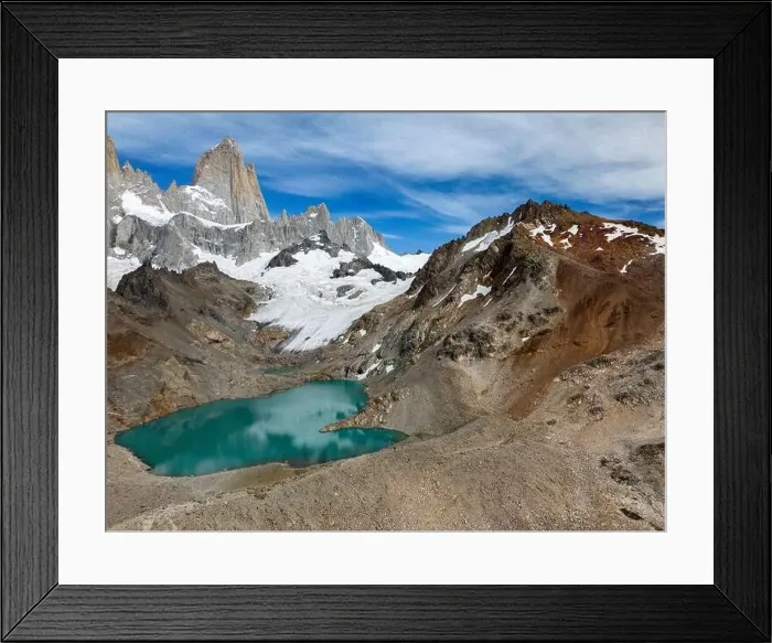 Framed Print : Aerial view of the stunning Laguna de los Tres with its turquoise waters surrounded by Mount Fitz Roy Framed Print : Aerial view of the stunning Laguna de los Tres with its turquoise waters surrounded by Mount Fitz Roy