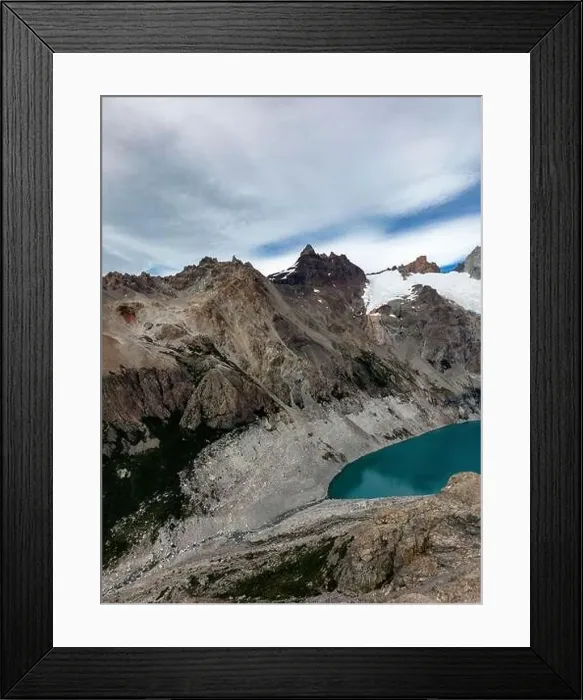 Framed Print : Aerial view of the stunning Laguna Sucia besides Laguna de los Tres with its turquoise water - famous sight when hiking Framed Print : Aerial view of the stunning Laguna Sucia besides Laguna de los Tres with its turquoise water - famous sight when hiking