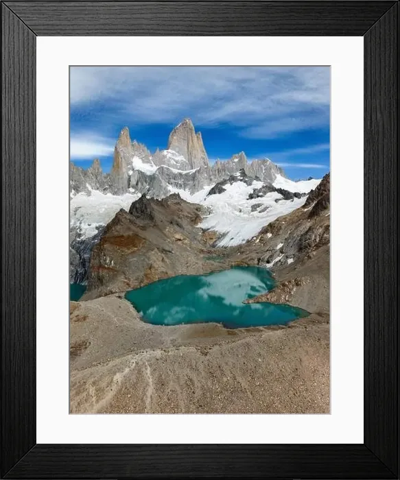 Framed Print : Aerial view of the stunning Laguna de los Tres with its turquoise waters surrounded by Mount Fitz Roy Framed Print : Aerial view of the stunning Laguna de los Tres with its turquoise waters surrounded by Mount Fitz Roy