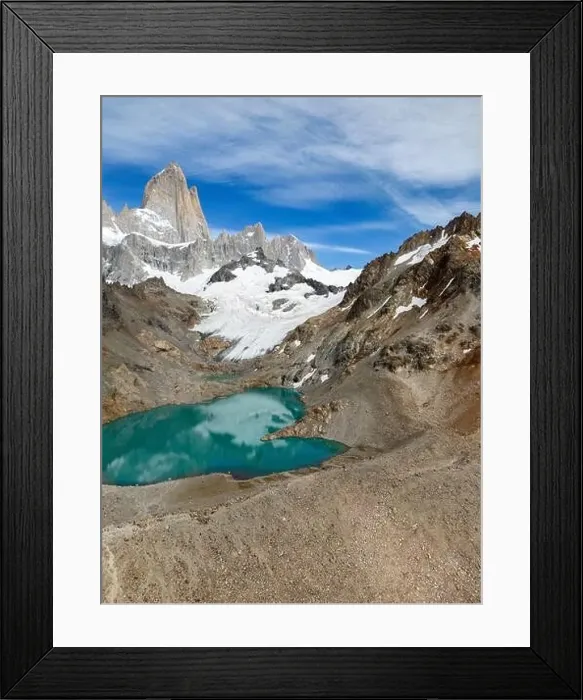 Framed Print : Aerial view of the stunning Laguna de los Tres with its turquoise waters surrounded by Mount Fitz Roy Framed Print : Aerial view of the stunning Laguna de los Tres with its turquoise waters surrounded by Mount Fitz Roy