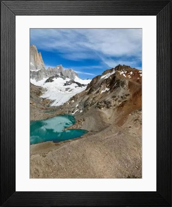 Framed Print : Aerial view of the stunning Laguna de los Tres with its turquoise waters surrounded by Mount Fitz Roy Framed Print : Aerial view of the stunning Laguna de los Tres with its turquoise waters surrounded by Mount Fitz Roy