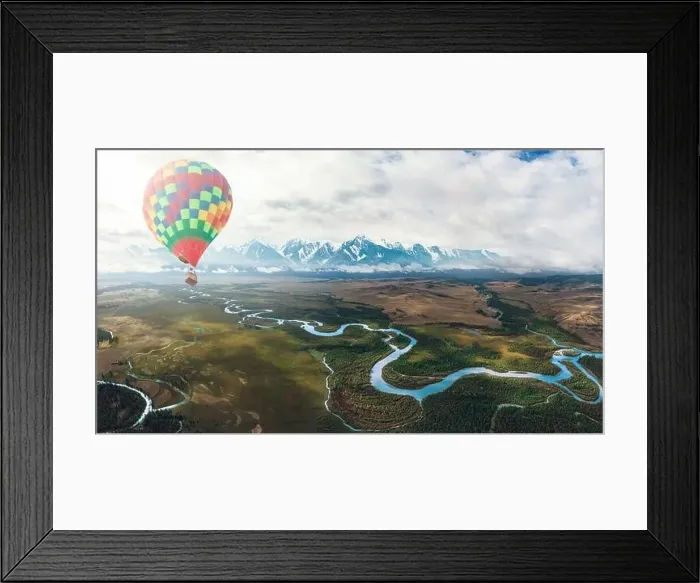 Framed Print : Hot air balloon above high mountain at Kurai steppe and Chuya river on North-Chui ridge background Framed Print : Hot air balloon above high mountain at Kurai steppe and Chuya river on North-Chui ridge background
