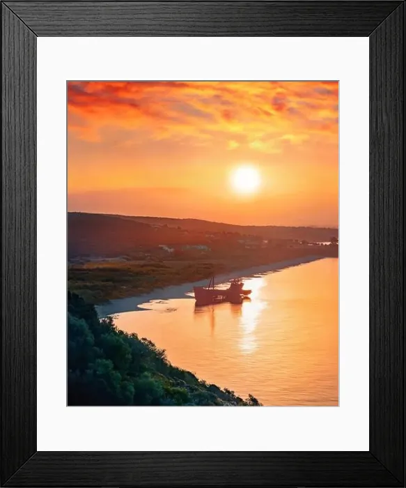 Framed Print : Red sunrise on Valtaki beach with Dimitrios Shipwreck Framed Print : Red sunrise on Valtaki beach with Dimitrios Shipwreck