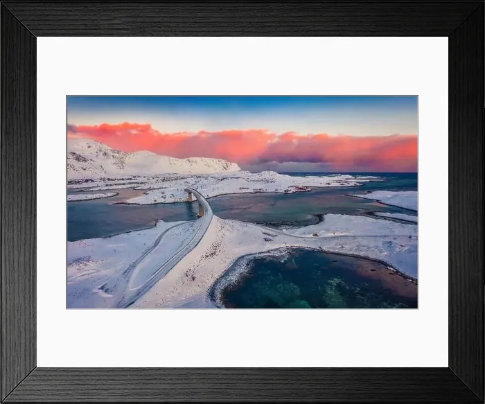 Framed Print : Superb winter view from flying drone of Fredvang bridge Framed Print : Superb winter view from flying drone of Fredvang bridge