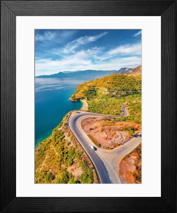 Framed Print : View from flying drone of zigzag road Framed Print : View from flying drone of zigzag road