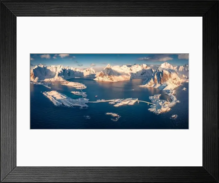 Framed Print : View from flying drone of Reine and Sakrisoy villeges Framed Print : View from flying drone of Reine and Sakrisoy villeges