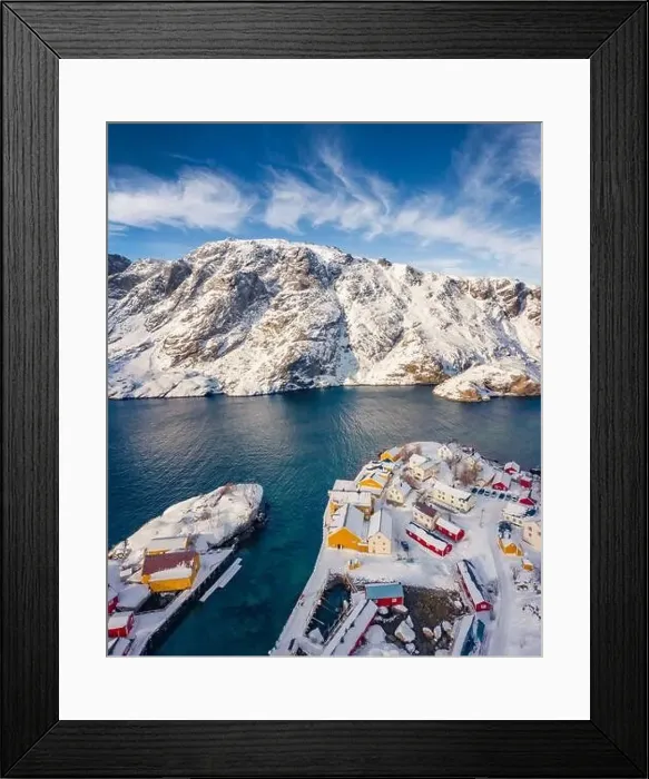 Framed Print : Spectacular view from flying drone of Nusfjord town Framed Print : Spectacular view from flying drone of Nusfjord town