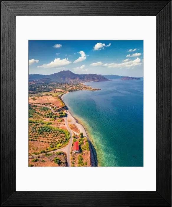 Framed Print : Gtuninng summer view of Xifias village vith Monemvasia mountain on background Framed Print : Gtuninng summer view of Xifias village vith Monemvasia mountain on background