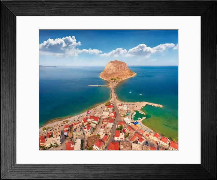Framed Print : Aerial morning view from flying drone of Monemvasia island Framed Print : Aerial morning view from flying drone of Monemvasia island