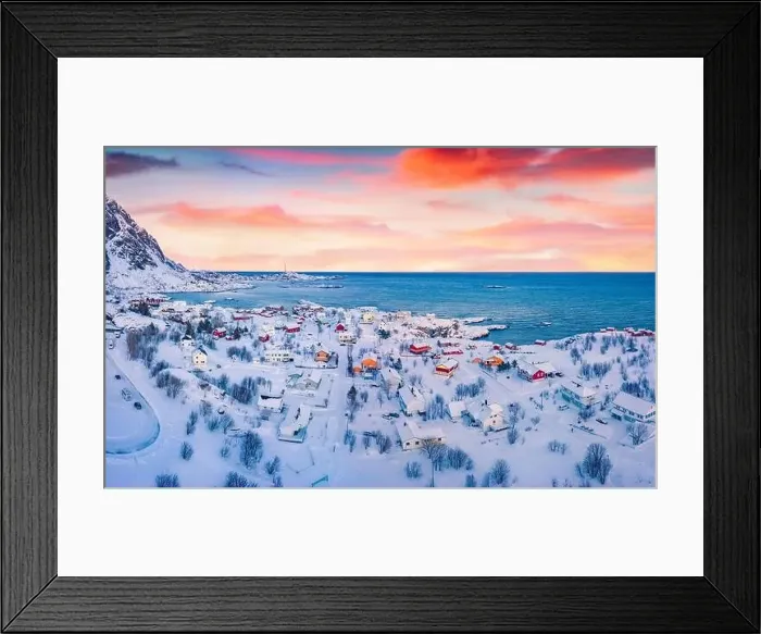 Framed Print : Beautiful winter scenery. Calm evening view from flying drone of southernmost of Lofoten islands town