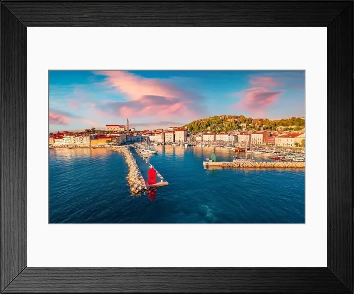 Framed Print : Picturesque summer sunset on Slovenia's Adriatic coast with beautiful Venetian architecture Framed Print : Picturesque summer sunset on Slovenia's Adriatic coast with beautiful Venetian architecture