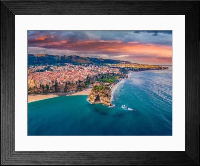 Framed Print : Gloomy morning cityscape of Tropea town before the rain