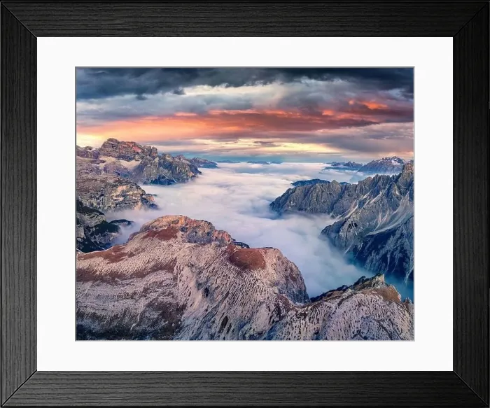 Framed Print : Foggy autumn view from flying drone of Tre Cime Di Lavaredo National Park Framed Print : Foggy autumn view from flying drone of Tre Cime Di Lavaredo National Park