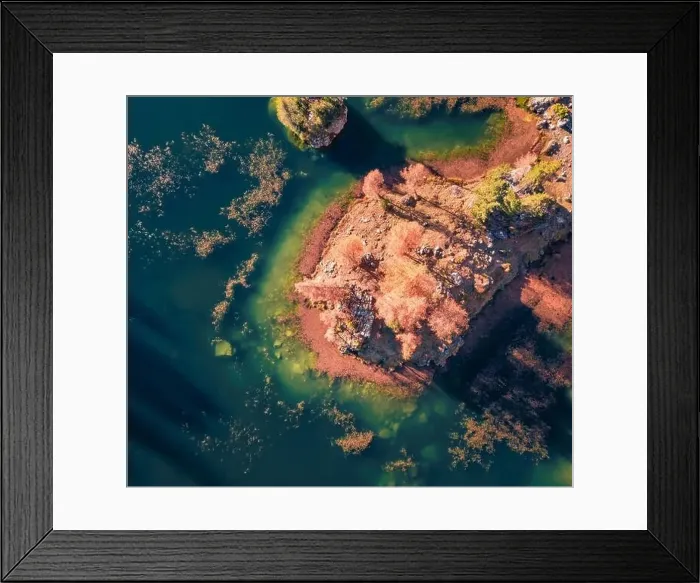 Framed Print : Beautiful autumn scenery. Straight down view of red larch trees on the islet on Federa lake Framed Print : Beautiful autumn scenery. Straight down view of red larch trees on the islet on Federa lake