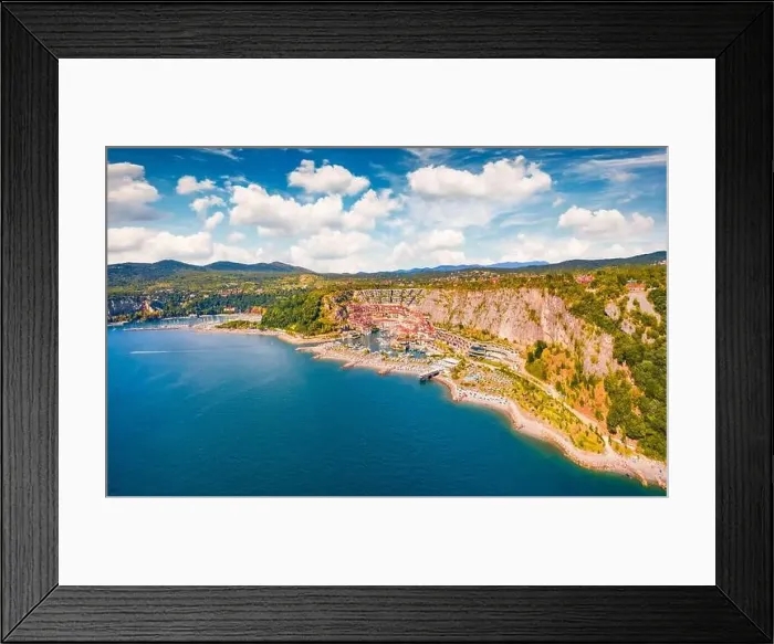 Framed Print : Splendid summer view from flying drone of Marina di Portopiccolo town Framed Print : Splendid summer view from flying drone of Marina di Portopiccolo town