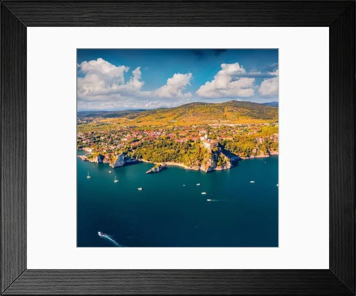 Framed Print : Aerial landscape photography. Colorful summer view from flying drone of Duino Castle Framed Print : Aerial landscape photography. Colorful summer view from flying drone of Duino Castle