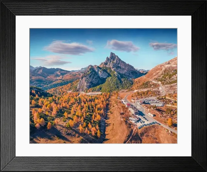 Framed Print : Aerial landscape photography. View from flying drone top of Falzarego pass Framed Print : Aerial landscape photography. View from flying drone top of Falzarego pass
