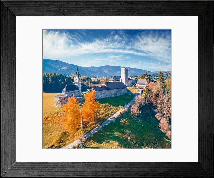 Framed Print : Colorful autumn view from flying drone of Kapelle (Cappella di castel Lamberto) castel Framed Print : Colorful autumn view from flying drone of Kapelle (Cappella di castel Lamberto) castel