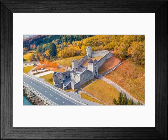 Framed Print : Spectacular autumn view from flying drone of Muhlbacher Klause castel Framed Print : Spectacular autumn view from flying drone of Muhlbacher Klause castel