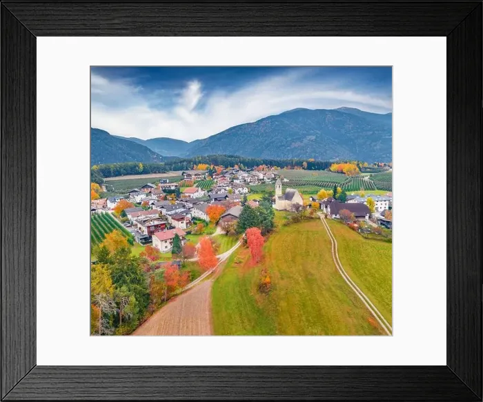 Framed Print : Aerial landscape photography. Colorfull autumn view from flying drone of Viumser church Framed Print : Aerial landscape photography. Colorfull autumn view from flying drone of Viumser church