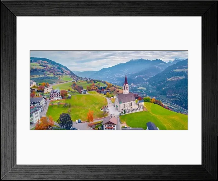 Framed Print : Gloomy autumn view from flying drone of Pfarrkirche Feldthurns Church Framed Print : Gloomy autumn view from flying drone of Pfarrkirche Feldthurns Church
