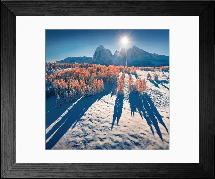 Framed Print : Fantastic view from flying drone of Alpe di Siusi village with Plattkofel peak on background