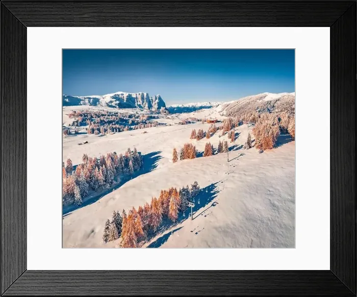 Framed Print : View from flying drone of Alpe di Siusi village Framed Print : View from flying drone of Alpe di Siusi village