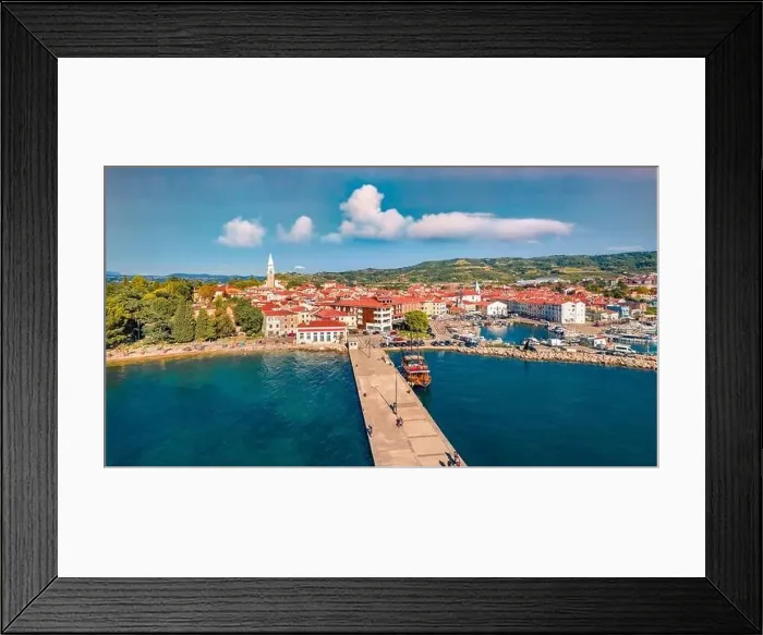 Framed Print : Aerial landscape photography. Colorful summer cityscape of Izola town Framed Print : Aerial landscape photography. Colorful summer cityscape of Izola town