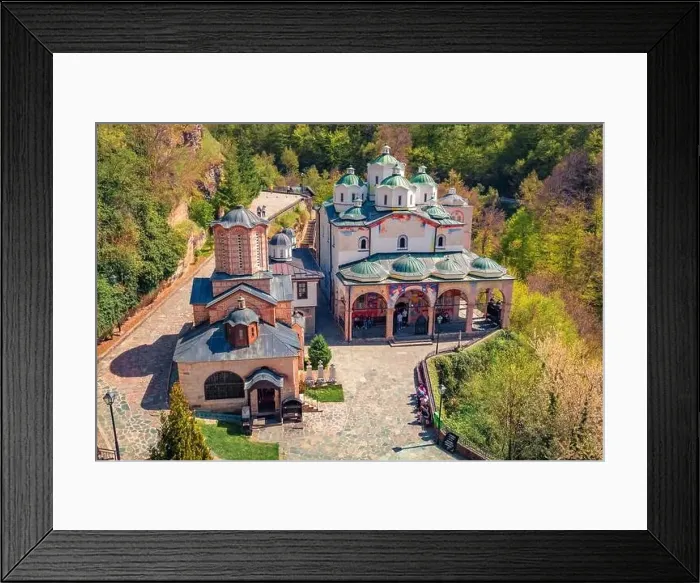 Framed Print : Aerial spring view of Saint Joachim Osogovski Orthodox monastery & church complex with elaborate frescoes Framed Print : Aerial spring view of Saint Joachim Osogovski Orthodox monastery & church complex with elaborate frescoes