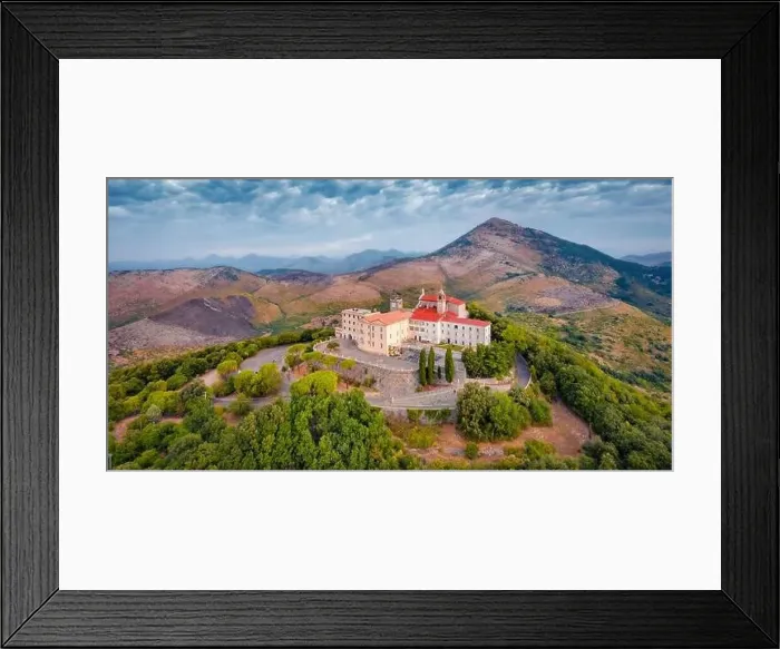 Framed Print : Dramatic summer view from flying drone of Sanctuary of the Madonna della Civita Catholic church Framed Print : Dramatic summer view from flying drone of Sanctuary of the Madonna della Civita Catholic church