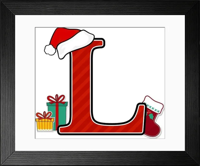 Framed Print : capital letter l with red santa's hat and christmas design elements isolated on white background Framed Print : capital letter l with red santa's hat and christmas design elements isolated on white background